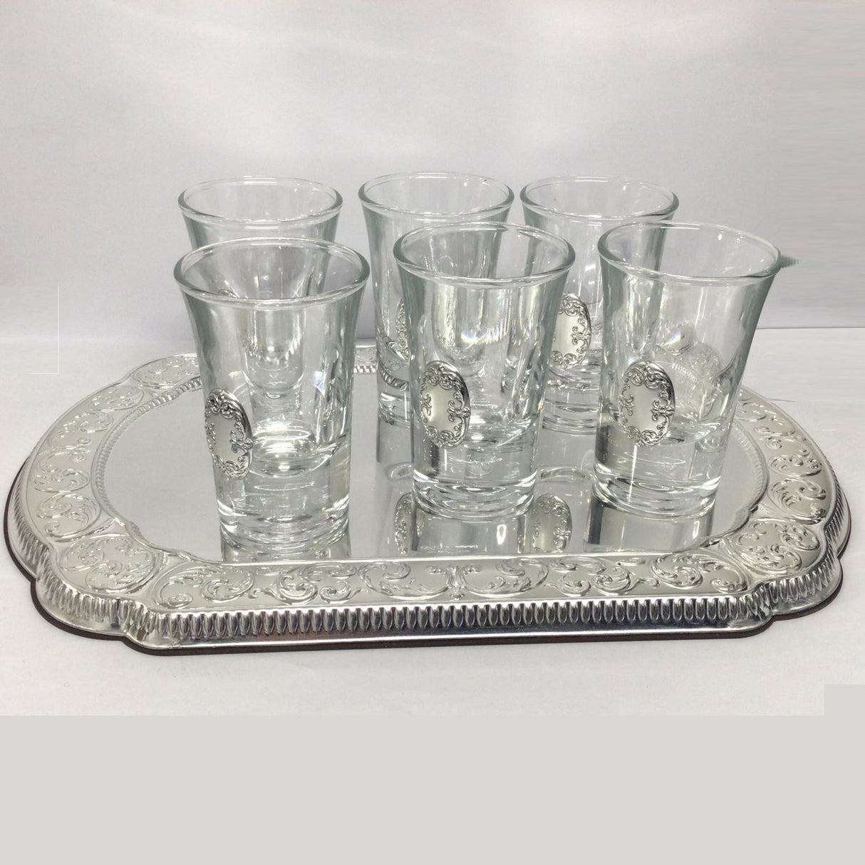 Set of 6 Liqour Cups + Silver Tray. {Judaica-Tabletop-Wine & Liquor} Manchester Judaica