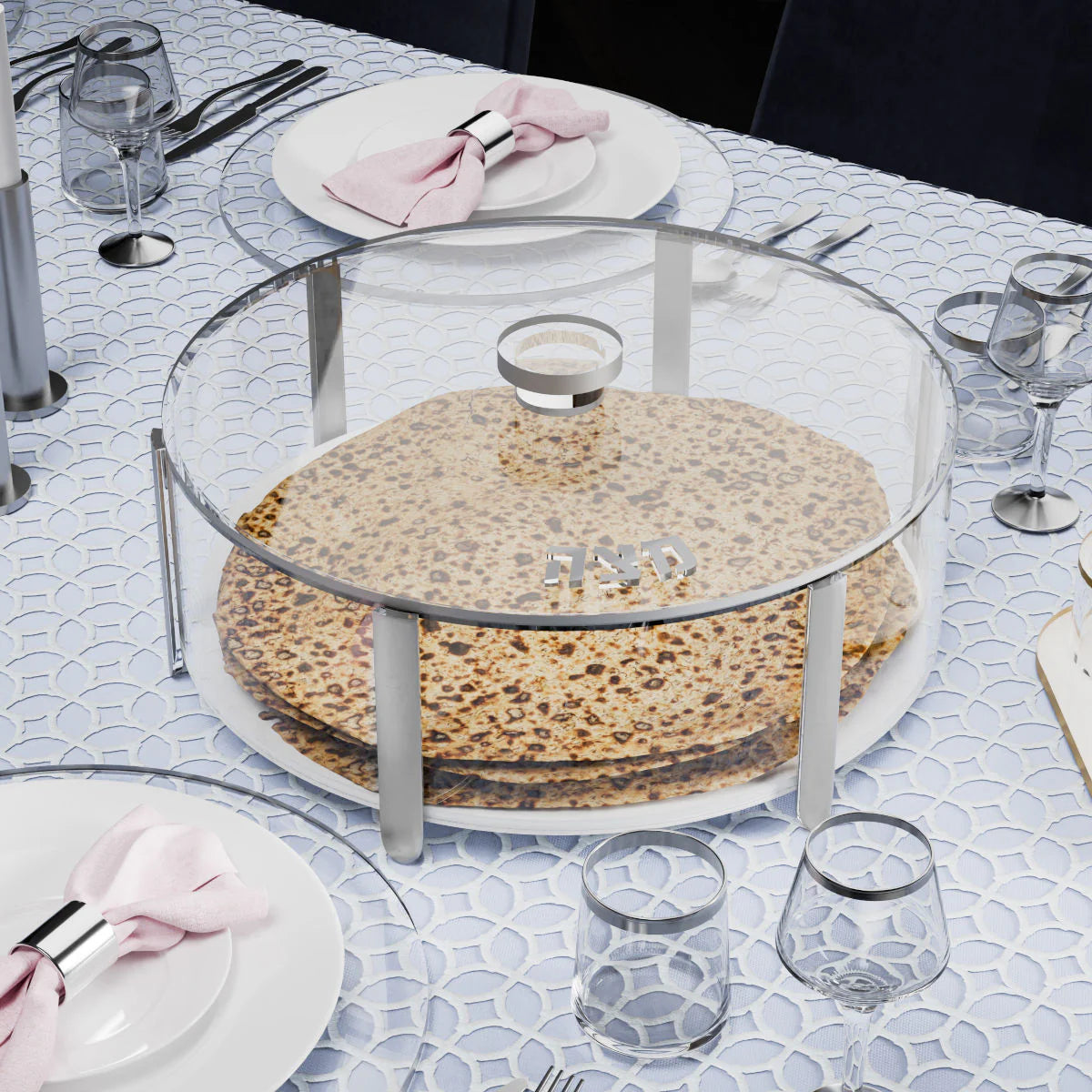 Pillar Round Matzah Box - Silver {Holiday-Pesach-Ka’arah Pesach Plates} Manchester Judaica
