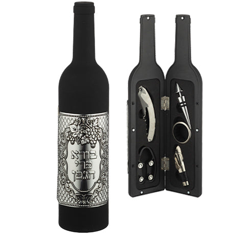 Set of Wine Accessories in a Bottle with plaque 32 cm {Judaica-Tabletop-Wine Bottle & Accessories} Manchester Judaica