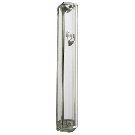 Plastic Mezuzah 15Cm - Transparent With Silver Shin {Judaica-Home-Mezuzah Holder} Manchester Judaica