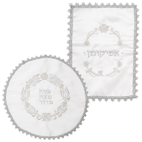 2 piece White Satin Pesach Set 46 cm {Holiday-Pesach-Matzah Tash & Pesach Set} Manchester Judaica