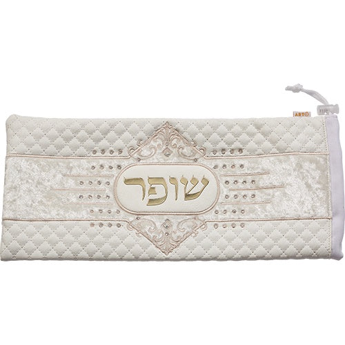 Leatherette Shofar Bag 20x42 cm - White with Embroidery {Holiday-Rosh Hashanah-Shofar} Manchester Judaica