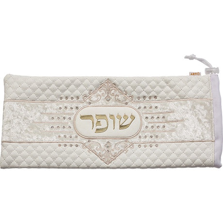 Leatherette Shofar Bag 20x42 cm - White with Embroidery {Holiday-Rosh Hashanah-Shofar} Manchester Judaica