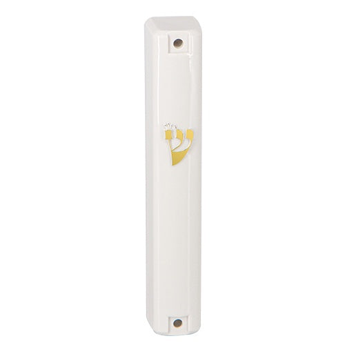 Plastic Mezuzah 15cm - White With Gold Shin Judaica-Home-Mezuzah Holder 423014 Manchester Judaica