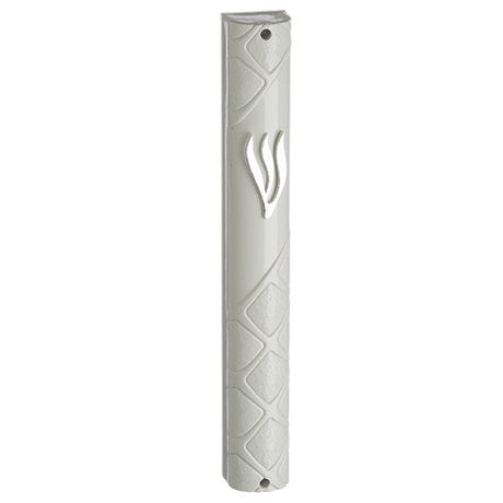 Plastic Mezuzah 15cm - White With Silver Shin 23536 Judaica-Home-Mezuzah Holder 23536 Manchester Judaica