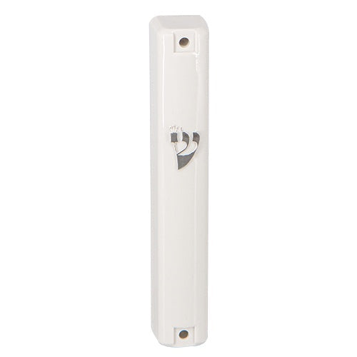 Plastic Mezuzah 20cm - White With Silver Shin Judaica-Home-Mezuzah Holder 421077 Manchester Judaica