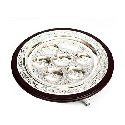 Silver Plated / Wood Kaareh Plate with legs Holiday-Pesach-Ka’arah Pesach Plates 546 Manchester Judaica